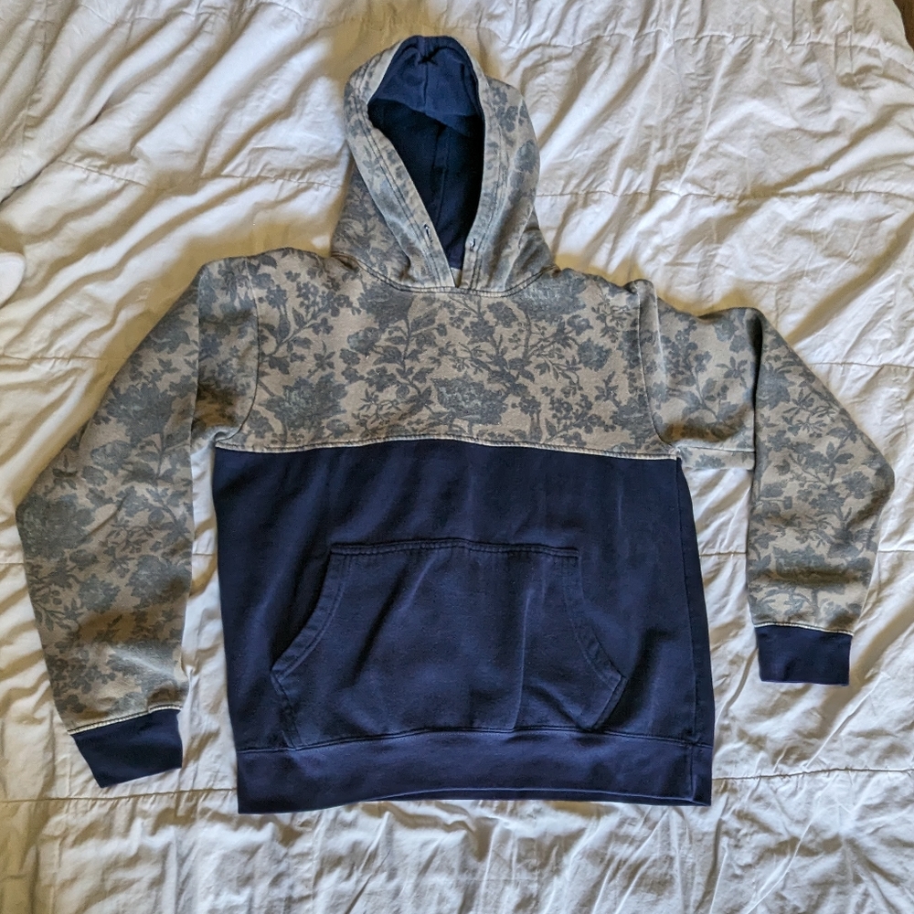 Navy Blue and Tan Floral Print Hooded Sweatshirt Medium